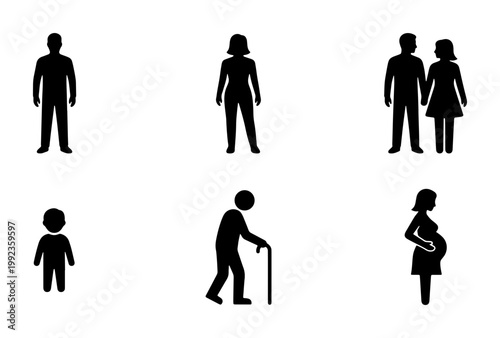 Human life cycle silhouette icons set, people age stages vector collection, man woman child elderly and pregnant woman symbols for infographics