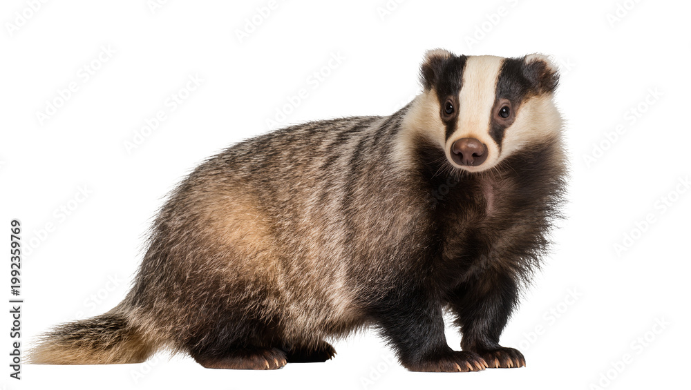 Fototapeta premium Isolated European badger, mustelid animal with distinctive black and white head markings