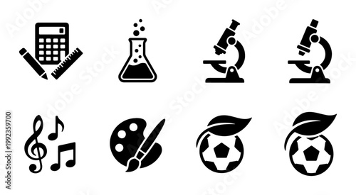 Minimalist education icons set, black school subjects vector symbols, academic science and arts collection, 8 flat educational pictograms for web