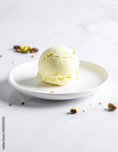 Vanilla ice cram scoop and pistacchios