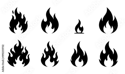 Black fire flame silhouette icons, set of 8 minimalist bonfire vector symbols, flat burning heat graphic elements for logo design and warning signs