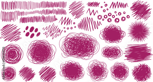 Set of vibrant pink scribbles and circular doodles isolated on white background for creative design projects