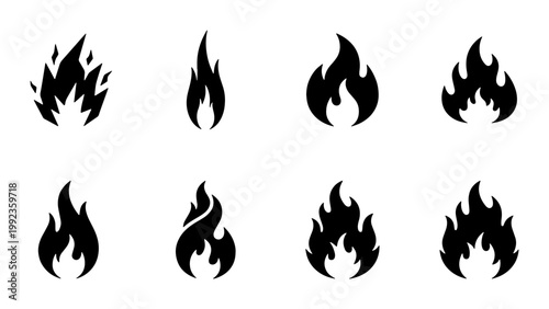 Minimalist fire flame icons set, black fire silhouettes collection, 8 burning flame vector elements for warning signs and logo design