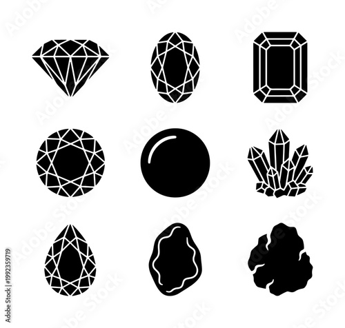 Black gemstone icons set, 9 diamond and crystal vector silhouettes, elegant jewelry stone shapes, mineral and rock flat glyphs for luxury branding