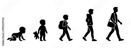 Human life cycle evolution silhouettes, male aging process from baby to adult man, growth stages of a boy vector illustration