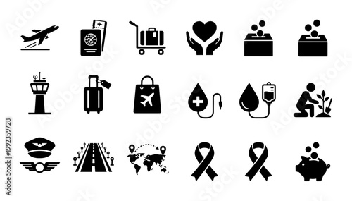 Aviation and charity icon set, 18 black vector symbols for travel and humanitarian aid, airport logistics and donation glyphs for web design