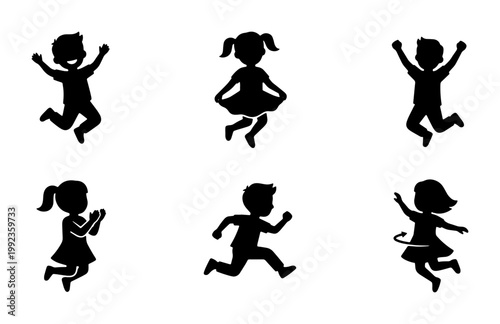 Active children silhouettes set, 6 jumping and running kids vector icons, happy childhood play and movement graphics for school and sports