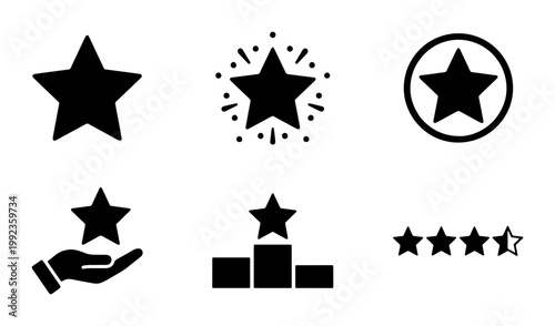Minimalist star icon set, black rating and ranking symbols, flat vector collection for customer feedback and achievement rewards