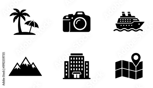 Travel and tourism icon set, black solid vector symbols for vacation planning, cruise ship and hotel silhouettes, 6 flat web icons