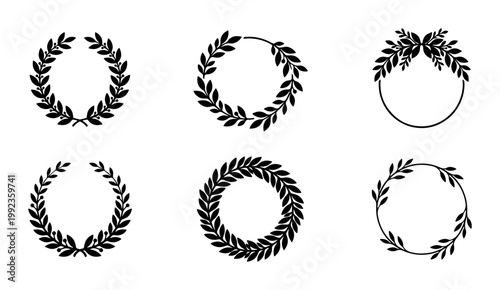 Laurel wreath vector set of 6 black leaf frames, decorative botanical circular borders, elegant olive branch crests for wedding invitations and awards