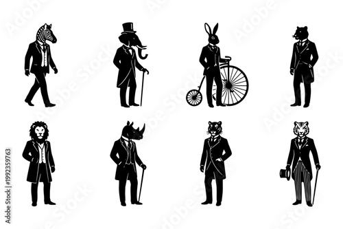 Vintage anthropomorphic animal gentlemen collection, 8 black and white Victorian style silhouettes, surreal animal characters in formal suits and top hats