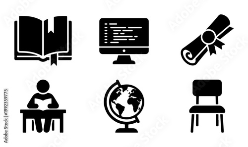 Education and learning icon set, 6 black solid vector symbols for school and university, academic study and online training elements