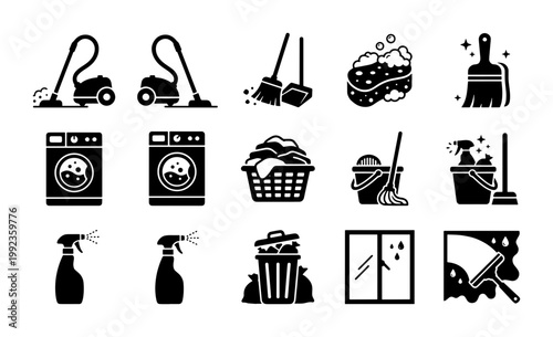 Cleaning service icons set, black solid housekeeping symbols, vacuum cleaner and washing machine vector illustrations, professional janitorial equipment