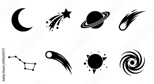 Minimalist space icon set, black celestial vector symbols, 8 astronomy elements including moon and planets, simple galaxy and star graphics