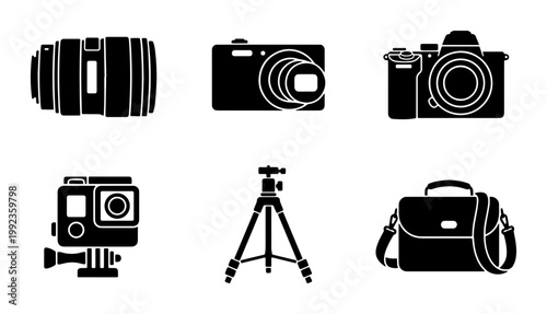 Professional photography equipment icons, black silhouette camera gear set of 6 vectors, digital dslr and action camera symbols for web design