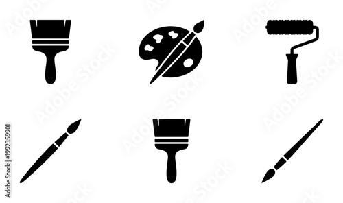 Minimalist paint brush icon set, black silhouette artist tools and painting equipment, 6 vector elements for creative design and renovation
