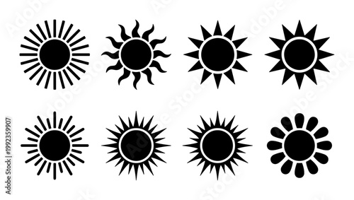 Minimalist sun icon set, 8 black solar symbols in vector format, geometric sunburst and sunshine silhouettes for weather forecast and summer branding