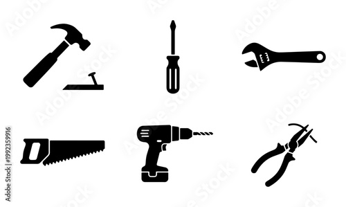 Industrial hand tool icons set, black silhouette hardware equipment collection, professional construction and carpentry tools vector illustrations