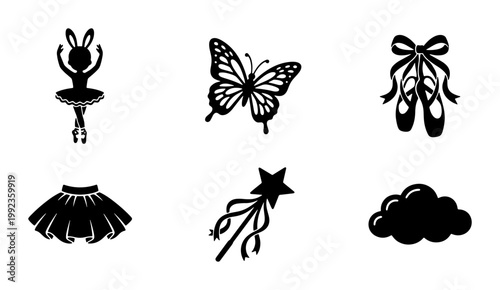 Ballerina silhouette icons set, ballet dancer and butterfly vector elements, black tutu and pointe shoes collection for dance studio branding