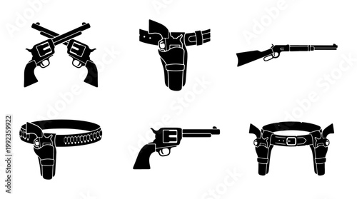 Wild West vintage revolver and rifle vector icons, 6 cowboy gun and holster silhouettes, antique western firearm weapon collection, black pistol and belt graphics