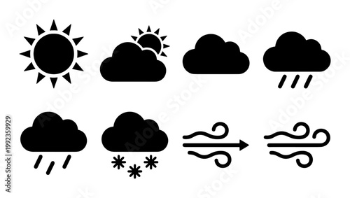 Minimalist weather icon set with 8 black vector symbols, meteorology forecast elements for sun, clouds, rain, snow, and wind, flat UI design graphics
