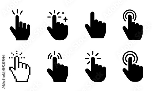 Black hand cursor icon set with 8 clicking finger pointers, minimalist computer mouse click symbols, digital touch screen gesture vector illustrations