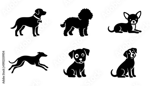 Minimalist dog breed silhouette icons, black canine pet vector set, 6 puppy and adult dog breed illustrations for veterinary and pet care branding