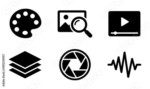 Minimalist multimedia design icons, black solid vector set of 6 creative symbols, digital content production and media editing tools