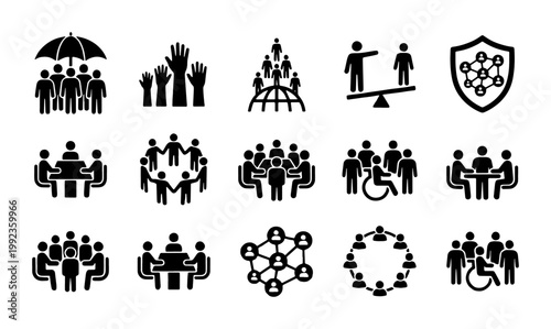 Corporate business people icons set, 15 black vector pictograms for teamwork and leadership, community and inclusion symbols for office management