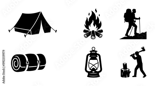 Camping and outdoor adventure icon set, black silhouette hiking and trekking elements, 6 vector symbols for wilderness exploration and forest camping