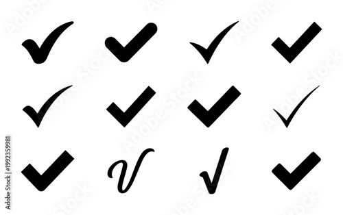 Black check mark icon set, 12 vector tick symbols for checklist and voting, minimalist validation marks for business approval and success