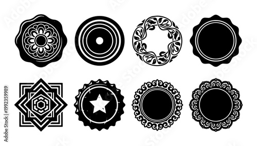 Vintage ornamental seal collection, 8 black circular frames and decorative badges, antique filigree border vector set for certificates and branding