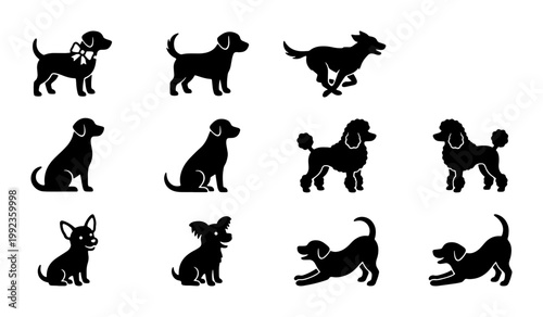 Dog silhouette vector set, 11 black canine icons including poodle and chihuahua, domestic pet animal collection for vet clinic branding