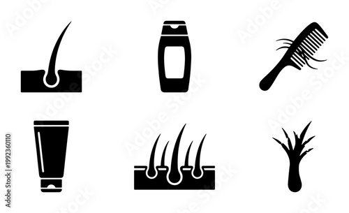 Hair loss and scalp care icon set, black solid vector symbols for dermatology and hair treatment, 6 alopecia and follicle health elements