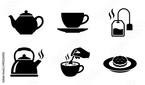 Minimalist tea time icon set, black silhouette tea symbols including teapot and kettle, hot beverage and biscuit vector graphics for cafe menus