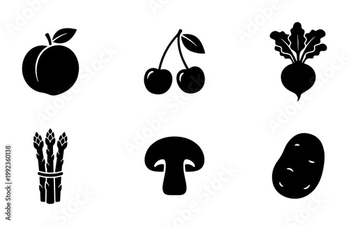 Minimalist black fruit and vegetable icons, set of 6 flat food vector symbols, peach cherry beet asparagus mushroom and potato graphics for menus