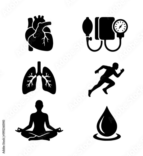 Medical health and wellness icon set, human anatomy and fitness vector symbols, black silhouette icons for cardiology and respiratory healthcare