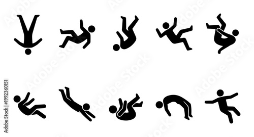 Falling person stick figure icon set, 10 black vector silhouettes of people tumbling and dropping, accident and injury warning symbols