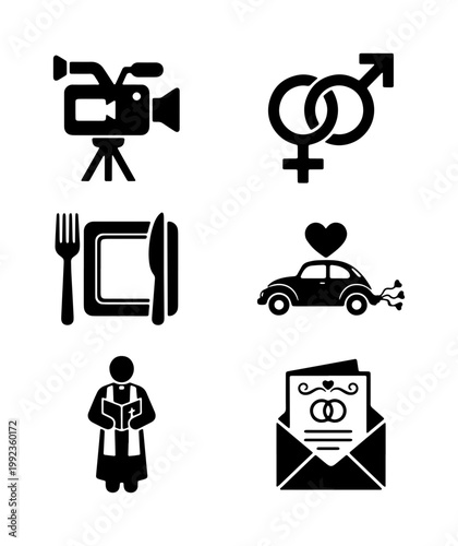 Wedding ceremony icon set, black marriage celebration symbols, 6 vector elements for event planning, romantic invitation and reception graphics