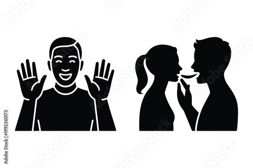 Man waving hello and couple sharing food silhouettes with greeting, silhouette