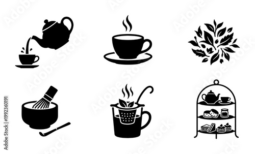 Black tea icons set with teapot, matcha whisk, and afternoon tea stand. Minimalist beverage vector collection featuring tea leaves, brewing strainer, and steaming cups.