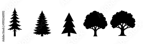 Black tree silhouettes collection, set of 5 forest tree icons, minimalist pine and deciduous tree vector shapes for landscape design and mapping