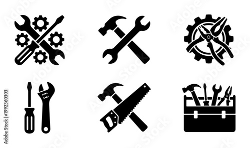Industrial work tool icons set, black construction equipment symbols, professional repair and maintenance vector elements, handyman toolbox and hardware graphics