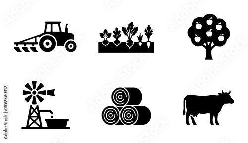 Agriculture and farming icon set, black silhouette farm symbols including tractor and cow, organic food production and ranching vector elements