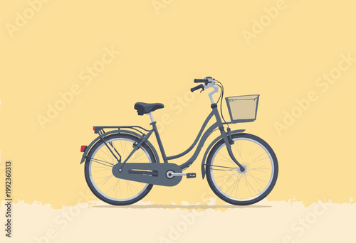 flat sideprofile silhouette Mamachari standard Japanese commuter bicycle wire basket front Crisp, dark grey flat lines pale mustard yellow background Everyday life concept No text