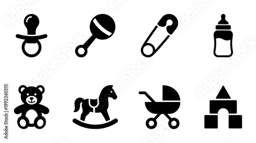 Minimalist baby icons set, black solid nursery symbols vector collection, infant care and newborn toys silhouettes for parenting apps and web design