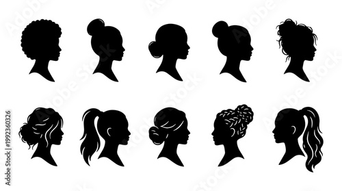 Woman profile silhouette set with diverse hairstyles, female head side view icons, 10 black vector avatars for beauty and fashion branding