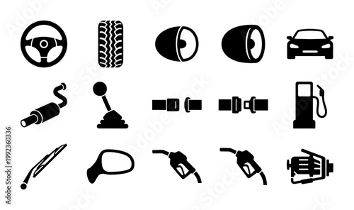 Automotive car parts icon set, 15 black vector symbols of vehicle components, transport maintenance and garage service graphics for web design