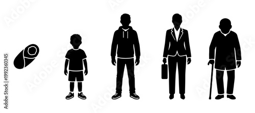 Human life cycle silhouettes showing aging process, set of 5 black icons from baby to senior, male and female growth stages vector