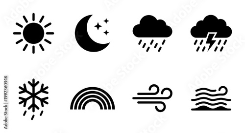 Minimalist weather icon set with 8 black vector symbols, meteorology forecast signs for sun rain and snow, simple flat climate interface elements